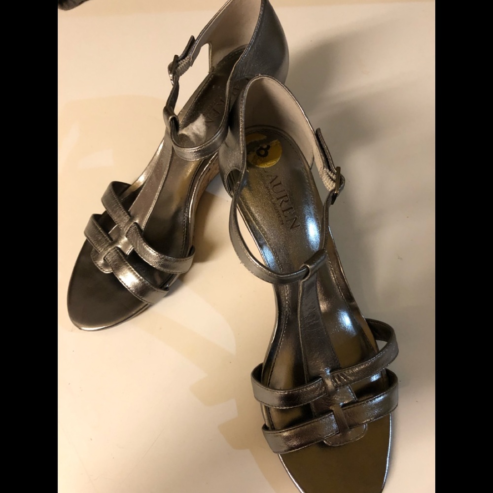 Ralph Lauren pewter wedge strap heel